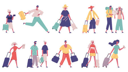 Walking hurrying male and female tourist group characters. Tourists in airport with bags, suitcases vector illustration set. Tourists characters walkingのイラスト素材
