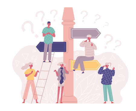 Decision making, undecided pensive characters at direction crossroads. Thoughtful people searching right solution vector illustration. Undecided persons conceptのイラスト素材