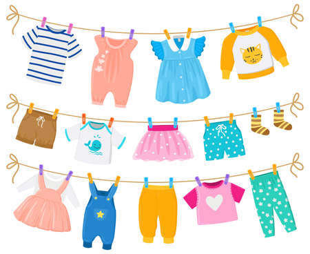 Cartoon childrens clean clothes dry hanging ropes. Kids cute garments shorts, dresses, shirts hanging clothesline vector illustration. Baby boy and girls drying outfitsのイラスト素材