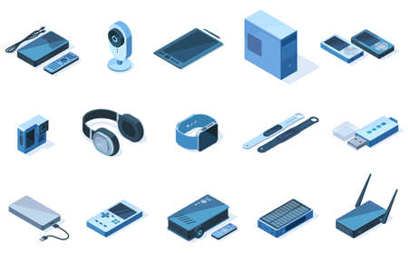 Isometric wireless 3d technology electronic gadgets equipment. Tablet, headphone, tracker devices vector illustration set. Wireless network electronic devicesのイラスト素材