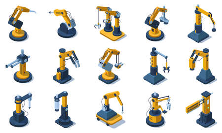 Isometric factory mechanised automated robotic arms. Factory industrial automated robotics arms, mechanical robotic hands vector illustration set. Automated 3d robotic armのイラスト素材