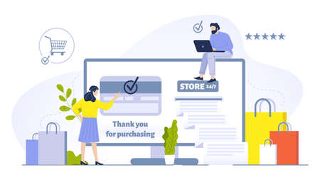 People buying online concept illustration. Woman doing purchases using computer and having credit card verificationのイラスト素材