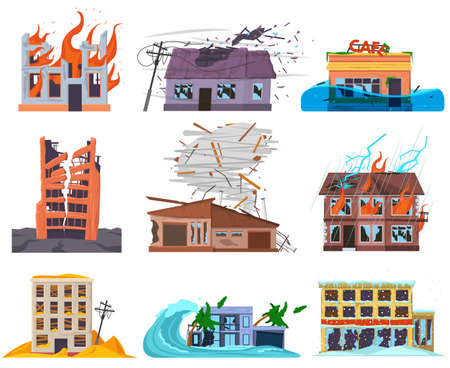Natural disasters cataclysms ruined, destroyed, flooded houses. Ruined abandoned broken city...