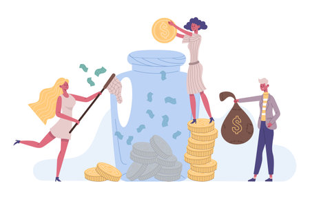 People money save, success financial investment concept. Investment, increasing capital financial strategy, saving money vector illustration. Characters make money savingsのイラスト素材