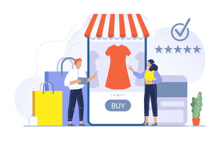 Shopping concept illustration people buying in store application. Man and woman choosing dress in online shopのイラスト素材