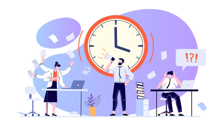 Time management concept. Employees working at office to meet deadline. Anxious office workers in panicのイラスト素材