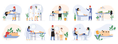 Spa beauty wellness massage salon procedure services. Wellness beauty salon workers and visitors vector illustration set. Massage, body wraps, facial treatment proceduresのイラスト素材