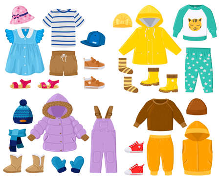 Cartoon kids seasonal winter, spring, summer, fall clothes. Puffer jacket, pants, shirt, sandals childrens outfits vector illustration set. Baby seasonal clothes elementsのイラスト素材