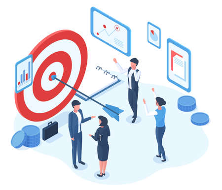 Isometric business goal successful achievement characters. Business office team goals achievement...