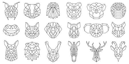 Linear polygonal animal bear, snake, dog geometric heads. Low poly animals faces, boar, llama, lynx and koala vector illustration set. Polygonal animal portraitsのイラスト素材