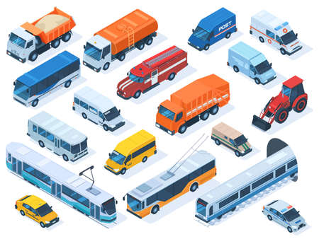 Isometric public services transport, taxi, ambulance and police car. Urban vehicles, fire engine, public bus, construction truck vector illustration set. City transport iconsのイラスト素材
