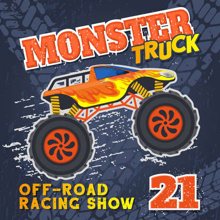 Monster heavy truck with huge tires extreme sport race poster. Large wheels extreme race heavy truck vector illustration. Big wheels cars extreme show posterのイラスト素材