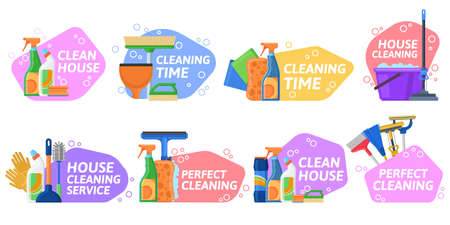House cleaning services, household equipment emblems. Housekeeping supplies, detergents and cleaning equipment badges vector Illustration set. Cleaning tools labelsのイラスト素材