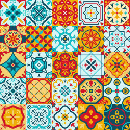 Mexican talavera, portuguese azulejo traditional ceramic tile patterns. Decorative ethnic ornament...