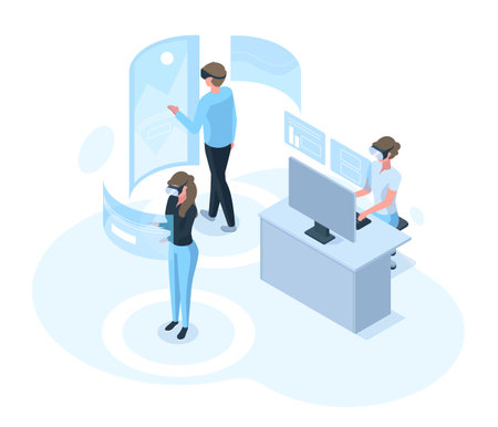 Isometric characters in futuristic virtual reality simulation world. People wearing virtual reality digital vector illustration. VR world activities conceptのイラスト素材
