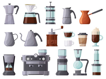 Coffee machines, french press, cezve, pot, aeropress and espresso machine. Coffee brewing tools, cups and coffee pots vector illustration set. Hot drink coffee elementsのイラスト素材