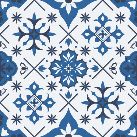 Traditional azulejo, talavera mediterranean ceramic tile seamless pattern. Porcelain ceramic ethnic ornament tile vector background illustration. Patchwork tile patternのイラスト素材