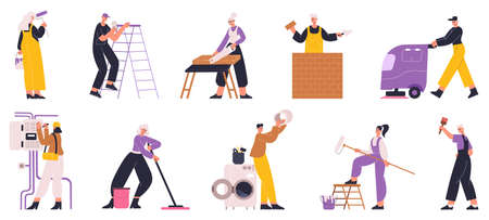 Home repair, house renovation workers, plumber, electrician, painter. Repair service workers and cleaner characters vector illustration set. Professional home repair workersのイラスト素材
