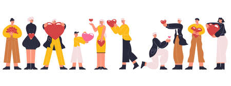 People holding hearts, characters share love, donating or valentines day. Happy characters carrying and sharing hearts vector illustration. Woman and man holding red heartsのイラスト素材