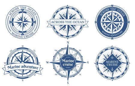 Vintage rose wind nautical compass marine labels. Old antique marine navigation compass emblems vector illustration set. Sea wind rose compasses badgesのイラスト素材