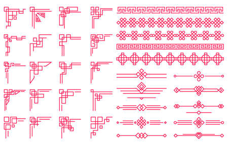 Traditional chinese oriental decorative border elements and separators. Asian festive ornament corners and borders vector illustration setのイラスト素材