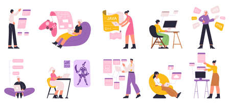 Programmers, web, software engineers and game designers. Web, game development, script coding, software developers vector flat illustration set. Digital development workersのイラスト素材