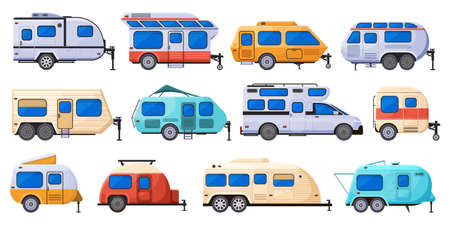 Camper caravan, rv cars, camping trailers and house trucks. Motor home trucks, outdoor camping trailers vector flat illustration set. Road trip vehiclesのイラスト素材