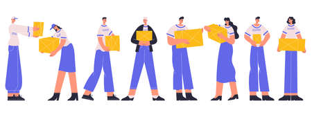 Volunteers team, charity social workers carrying donations. Diverse charity social workers team vector flat illustration set. Young people volunteeringのイラスト素材