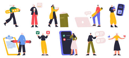Characters rating, online survey or giving feedback. People choosing right answer, voting or giving customer review vector illustration set. Online survey concept scenesのイラスト素材