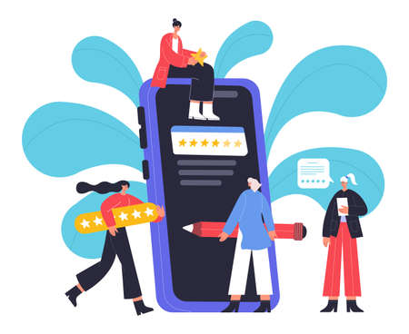 Online survey research, customers feedback or rating concept. People giving feedback, voting or choosing answer vector illustration. Rating or satisfaction reportのイラスト素材