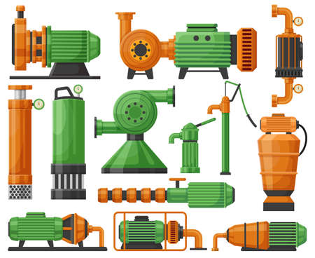 Industrial water pumps, water pumping station appliance. Water pumping compressor, water pumping station equipment vector flat illustration set. Industrial water pumpsのイラスト素材