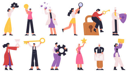 Tiny characters holding giant occupations activities icons. Characters with signs objects, gear, bulb, star vector flat illustration set. People hold big occupation signsのイラスト素材