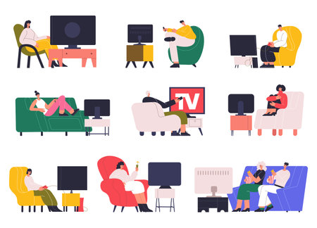 Characters, couples, families watching tv at home. People watching tv on couch, home leisure time tv viewing vector flat illustration set. Watching tv setのイラスト素材