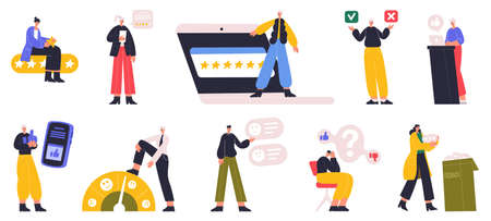 Online survey, people choosing answer or giving feedback. Characters making decision, rating, filling survey list vector illustration set. Customer service surveyのイラスト素材