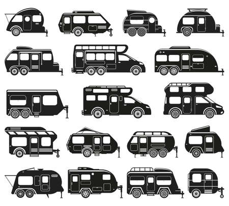 Camper vans, caravan rv cars and camping trailers silhouettes. Camping motor home, road trip car wagon vector flat illustration set. Recreational camping caravan silhouettesのイラスト素材