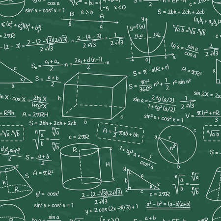 Mathematical, geometry and physics formula seamless pattern. Doodle math or algebra formula signs...