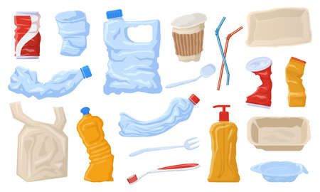 Plastic waste, disposable package, non recyclable garbage. Disposable plastic bottles, cups,...
