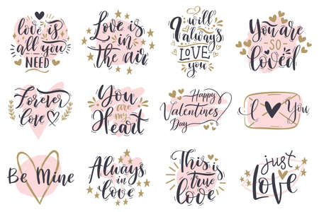 Love romantic valentines day handwritten lettering phrases. Romantic positive quotes, elegant love slogans vector illustration set. Valentines day calligraphyのイラスト素材