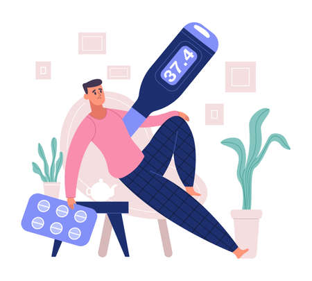 Sick person with cold symptoms, fever, cough and sneeze. Male characters with fever and headache vector illustration. Cold, flu or virus disease symptomsのイラスト素材