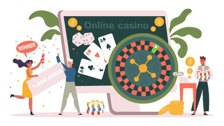 Online internet gambling, online casino, poker, roulette concept. Internet casino winners, online poker and slots vector illustration. Lucky characters play online casinoのイラスト素材