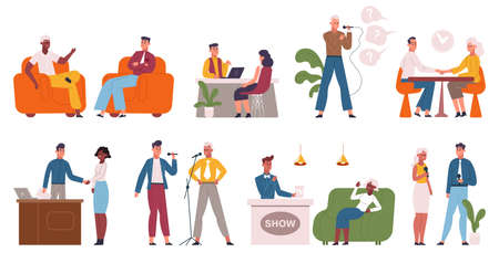 Television famous person interview, tv host talk to celebrities. Internet or tv broadcast show celebrity interview vector illustration set. Famous persons giving Interviewのイラスト素材