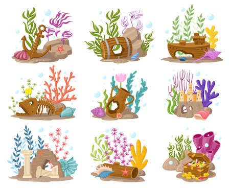 Cartoon aquarium decorations, marine seaweeds, coral and stones. Underwater aquarium accessory compositions vector illustration set. Aquaria decoration elementsのイラスト素材