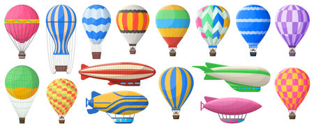 Hot air balloon, flying vintage aerostat and airships. Vintage sky transport, air journey flying aerostat vector symbols set. Retro airship and hot air balloonのイラスト素材