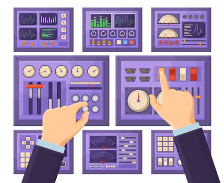 Retro control dashboard panel with operator hands, console connection ports. Hands work with control...
