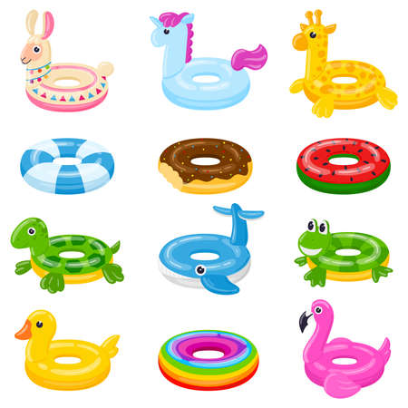 Cartoon swim rings, pool games rubber toys, colorful lifebuoys. Swimming circles, cute pool watermelon, donut and duck toys vector illustration set. Summer swimming lifebuoysのイラスト素材