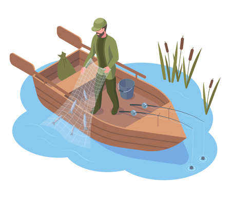 Isometric fisherman character fishing in river used fishing equipment. Fisherman catches fish using fishing equipment vector illustration. River or pond fishingのイラスト素材