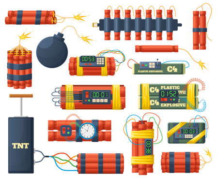 Explosive bombs and dynamite sticks, dangerous pyrotechnics elements. Red dynamite sticks, bombs...