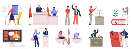 Law firm workers, lawyers and advocates justice scenes. Attorneys consulting services, professional lawyers working day vector illustration set. Law company employeesのイラスト素材