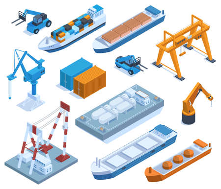 Isometric seaport elements, cargo ships, barges and containers. Marine port ships, cranes and shipping containers vector illustration set. Water transportation and logisticのイラスト素材