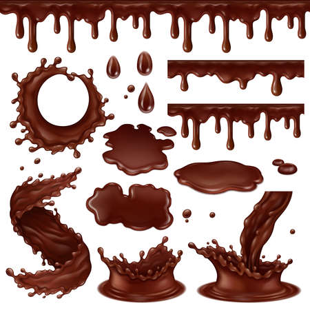 Realistic chocolate elements, hot cocoa drops, swirls and splashes. Dripping chocolate frosting sauce vector illustration set. Liquid chocolate dessert splashesのイラスト素材